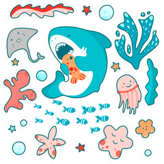 Cute shark swims in the sea and eats fish, fun illustration in kawaii style
