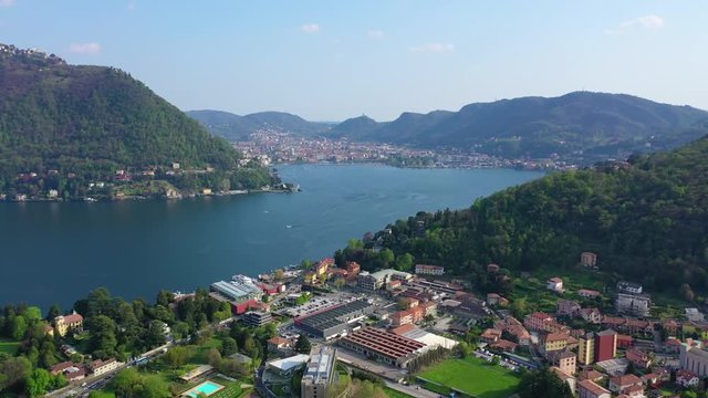 Aerial drone video of iconic village of Cernobbio in lake Como one of the most beautiful and deepest in Europe, Lombardy, Italy