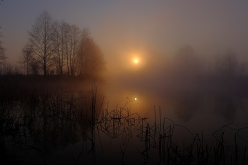 Naklejka premium Foggy sunrise on the lake