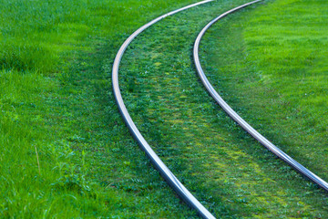 Tram rails covered with green grass