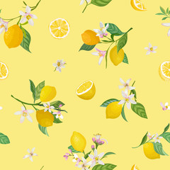 Obraz na płótnie Canvas Seamless Lemon pattern with tropic fruits, leaves, flowers background. Hand drawn vector illustration in watercolor style for summer romantic cover, tropical wallpaper, vintage texture