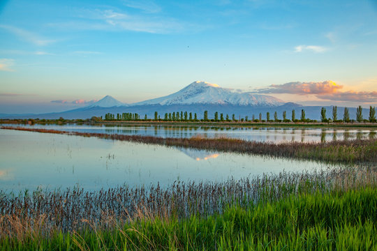 ararat mountain with lake in sunset