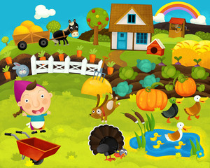 Naklejka premium cartoon happy and funny farm ranch scene with happy animals - illustration for children