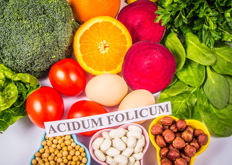 Healthy products and ingredients as source vitamin B9 (acidum folicum), natural minerals, concept of nutritious eating.