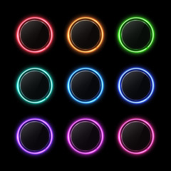 Color buttons set. Neon circle with light effect. Glossy glass texture banner with glare on black background. Round glowing sign for web interface infographic internet site report. Vector illustration