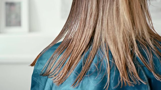 Woman with Wet Straight Light Brown Hair Sitting in Hairdressing Salon before Professional Haircare in Barbershop. Close-up Backside view Static 4K Shot