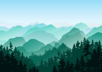 Flat mountain  landscape. Mountains and forest. Tourism and travelling. Vector flat design