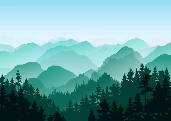 Schilderijen op glas Flat mountain  landscape. Mountains and forest. Tourism and travelling. Vector flat design © alena.art.design