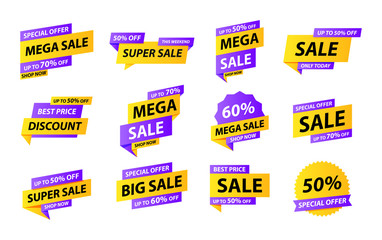 Sale tags collection. Special offer, big sale, discount, best price, mega sale banner set. Shop or online shopping. Sticker, badge, coupon, store. Vector Illustration.