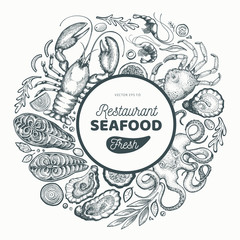 Seafood and fish design template. Hand drawn vector illustration. Food banner. Can be used for design menu, packaging, recipes, label, fish market, seafood products.