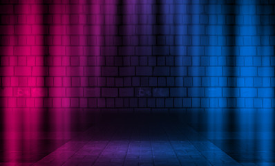 Empty scene background. Brick wall with multicolored neon lights and smoke. Neon shapes on a dark background. Dark abstract background