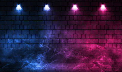 Empty scene background. Brick wall with multicolored neon lights and smoke. Neon shapes on a dark...