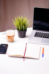White desk with notebook, blank notebook, green flower, phone and cup of coffee.