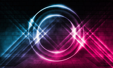 Empty scene background. Brick wall with multicolored neon lights and smoke. Neon shapes on a dark background. Dark abstract background
