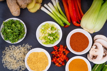 Asian Food Ingredients.  Selection of Asian food ingredients ready for preparation of a meal, presented on a slate platter.