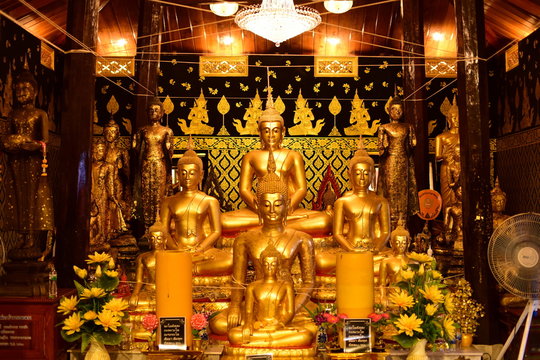 Golden Buddha statue at Bangplee Temple, Luang Pho To Temple, Thailand The beauty of temples and Buddha images of Thai religious art