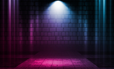 Empty scene background. Brick wall with multicolored neon lights and smoke. Neon shapes on a dark...