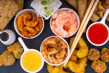 Asian Prawn Selection.  Selection of Prawns with Asian side dishes and Prawn Crackers.