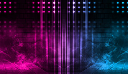Empty scene background. Brick wall with multicolored neon lights and smoke. Neon shapes on a dark background. Dark abstract background
