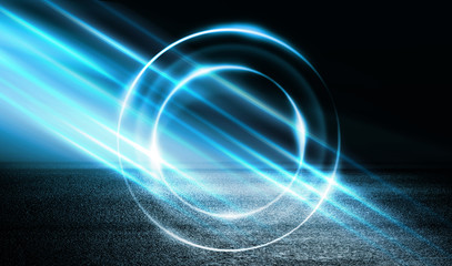 Empty background scene. Dark street reflection on the wet pavement. Rays of blue neon light in the dark, neon figures, smoke. Night view of the street, the city. Abstract dark background.