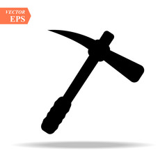 Construction, miner s black icon of a metal pickaxe with a wooden handle for digging earth, ore, black mining, and minerals for repair. Construction metalwork tool. Vector.