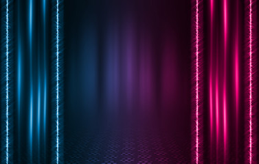 Empty background scene. Dark reflection of the street on the wet asphalt. Rays of neon light in the dark, neon figures, smoke. Night view of the street, the city. Abstract dark background.