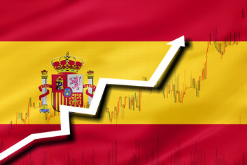 White arrow and stocks chart growth up on the background of the flag of Spain