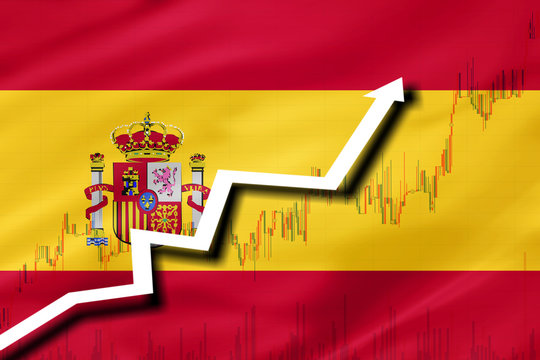 White arrow and stocks chart growth up on the background of the flag of Spain