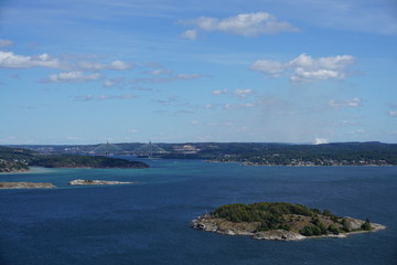 Beautiful peninsula near Haftsten Resort in Sweden in summer with blue sky