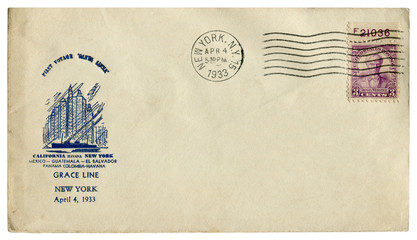 New York, The USA  - 4 April 1933: US historical envelope: cover with cachet first voyage Santa...