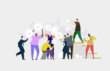 Team working together. Lots of people holding and rotating gears. Busy business life. Flat design human's characters in colourful clothes. 