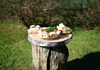Picnic stump with Roll salmon, avocado, green salad, onions, tomatoes1