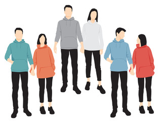 Obraz premium Set of silhouettes of men and women standing in different poses, cartoon character, group of business people, vector illustration, flat designe icon, isolated on white 