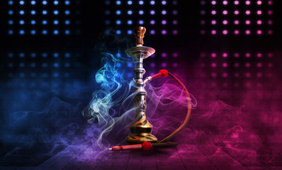 Hookah smoke on a dark abstract background. Background of empty scenes with multicolored neon lights, brick wall, reflection of night lights on wet asphalt