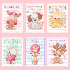 Set teddy animals. Idea for greeting card.