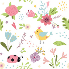 Seamless pattern of cute hand drawn colorful flowers childrish style Kids fabric pattern