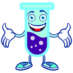 laughing vector character. Test tube with a smiling face and open arms. Violet liquid. Chemistry comic.