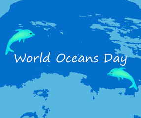 World Oceans Day. June 8. Dolphins on the background of the ocean. Vector illustration