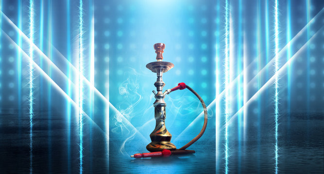 Hookah, smoke on a dark abstract background. Background of empty scenes with neon lights, the reflection of night lights on wet pavement