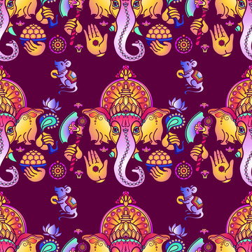 Vector Seamless Pattern Of Hand Drawn Hindu God Ganesha.