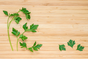 close-up of flat leaf parsley leaves on wooden board with copy space