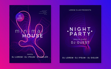 Music fest neon flyer. Electro dance. Electronic trance sound. Techno dj party. Club event poster.