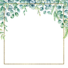 Obraz premium .Watercolor hand painted frame with tropical green leaves. Frame for wedding invitations, save the date or greeting cards..