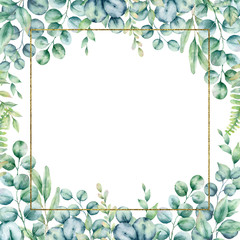 .Watercolor hand painted frame with tropical green leaves. Frame for wedding invitations, save the date or greeting cards..