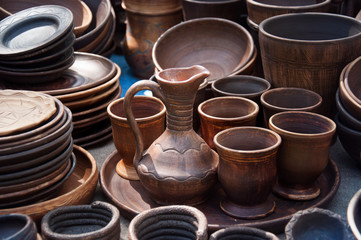 Pottery ceramic. Several types of pottery cups, jugs, plates.