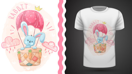 Cute rabbit and air balloon - idea for print t-shirt.