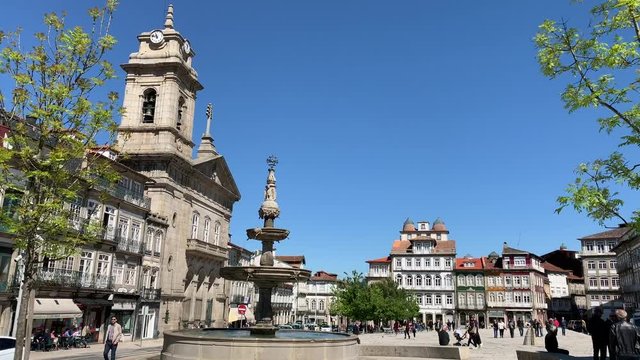 The main plaza square in Guimaraes Portugal on a clear spring day with copy space 