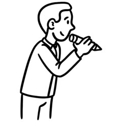 Office guy writing something with a big pen. black white vector comic pond.