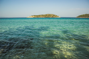 Fototapeta premium tropic island in beach of Philippines sea picturesque scenery landscape with transparent blue water foreground, summer vacation concept travel photography in beautiful warm season weather time