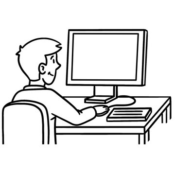 Vector drawing of a man on the computer, which can be looked over his shoulder in the screen. Black white, isolated, comic.